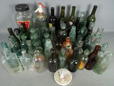 Vintage glassware comprising bottles, soda syphon, whisky bottle, decanter and similar, two boxes.