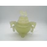 A Chinese, celadon green, bowenite censer and cover,