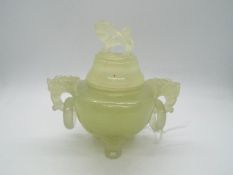 A Chinese, celadon green, bowenite censer and cover,