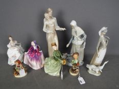 Four Royal Doulton figurines, one by Lladro, one Nao and two Hummel,