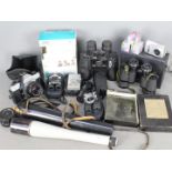 Lot comprising cameras to include a Praktica MTL50, binoculars, spotting scope and similar.