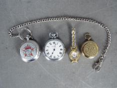 Three pocket watches and a lady's wristwatch.