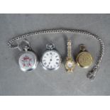 Three pocket watches and a lady's wristwatch.