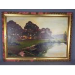 A large framed oil on canvas landscape scene depicting grazing cattle,