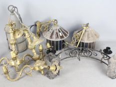 Lighting to include a pair of coloured glass lanterns,