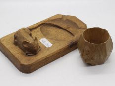 A Robert Mouseman Thompson octagonal napkin ring with signature mouse and a similar style ashtray.