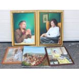 Five paintings, portraits, street scene and similar, largest approximately 75 cm x 50 cm image size.
