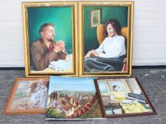 Five paintings, portraits, street scene and similar, largest approximately 75 cm x 50 cm image size.