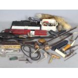 A box of mixed collectables to include sardine dish, black powder pouch / dispenser, fox tail,