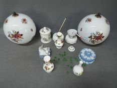 Lot to include two glass ceiling lights with floral decoration, ceramics to include Wedgwood, Nao,