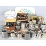 Lot to include ceramics, pewter tankards, cased binoculars, trophies,