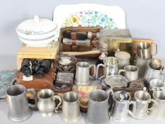 Lot to include ceramics, pewter tankards, cased binoculars, trophies,