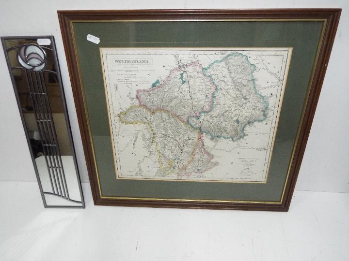 Westmorland vintage Map in frame, together with a Winged Heart decorative mirror.