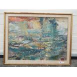 A framed abstract oil on board, titled verso Sea Light & Air,