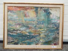 A framed abstract oil on board, titled verso Sea Light & Air,