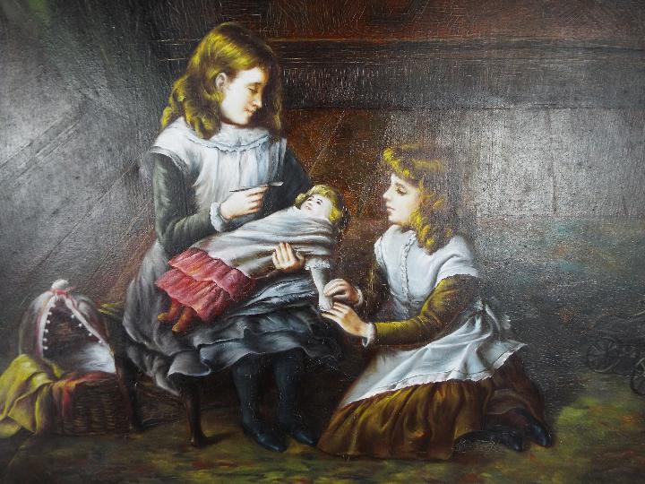 A large, ornately framed oil on canvas depicting two young girls playing with a doll, - Image 3 of 5