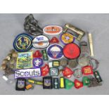 Lot to include cloth badges including scouting examples, cast metal sculpture of Mercury / Hermes,