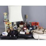 Lot to include handbags, Wade whisky decanters (empty), glassware, onyx table lamp,