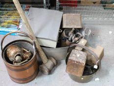 Mixed metalware to include copper kettles, weights, sledge hammer, hand tools and similar.