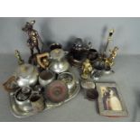 Lot to include a pewter tea service, other pewter, plated ware, brass and similar.