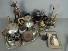 Lot to include a pewter tea service, other pewter, plated ware, brass and similar.