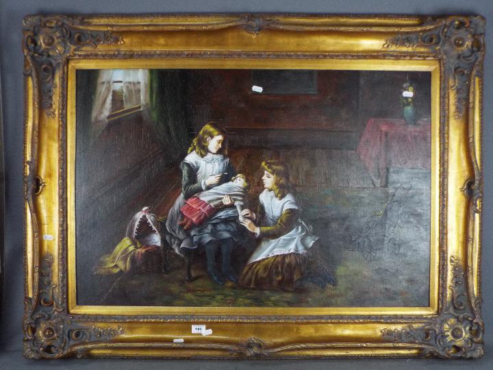 A large, ornately framed oil on canvas depicting two young girls playing with a doll,