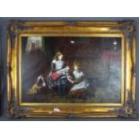 A large, ornately framed oil on canvas depicting two young girls playing with a doll,