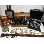 A good mixed lot to include Barometer, Singer sewing machine with case and key,