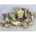 A collection of brass ornaments, horses and carts, carriages and similar, one box.