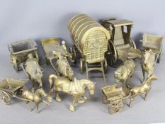 A collection of brass ornaments, horses and carts, carriages and similar, one box.