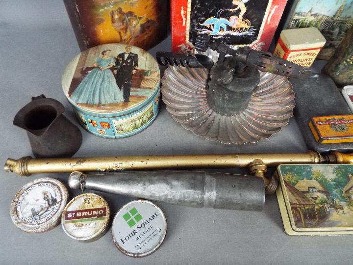 Lot to include vintage tins, plated ware, vintage blow torch, hip flask and similar. - Image 2 of 5