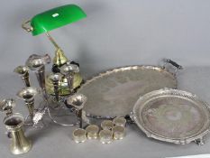 A small quantity of plated ware to include an epergne and a banker's lamp with green shade.