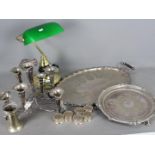 A small quantity of plated ware to include an epergne and a banker's lamp with green shade.