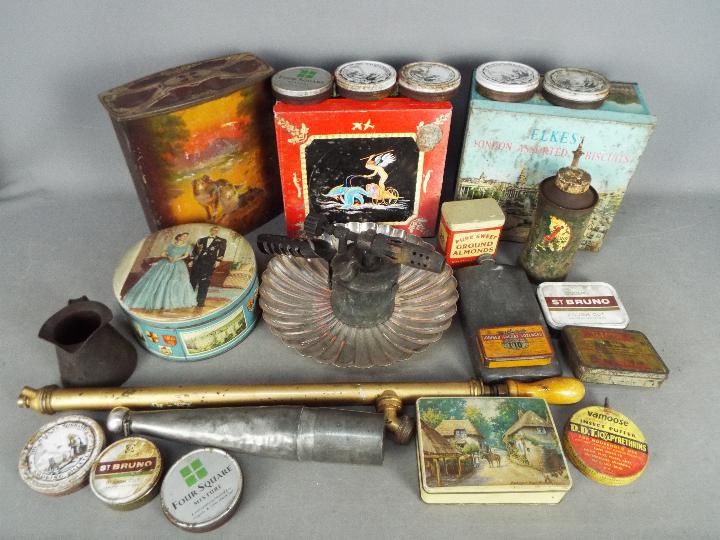 Lot to include vintage tins, plated ware, vintage blow torch, hip flask and similar.