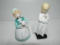 Two Royal Doulton figurines entitled Bedtime and Stayed at Home,
