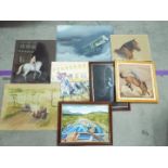 A collection of paintings, some framed, to include equine study, aviation and similar,