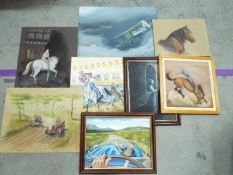 A collection of paintings, some framed, to include equine study, aviation and similar,