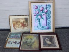 A collection of pictures, paintings, prints, needlework picture, varying image sizes.