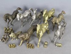 A quantity of metal animal sculptures, brass pewter and similar, to include horses, tiger,