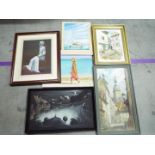 A collection of paintings including street scenes, coastal scenes and other, various image sizes.