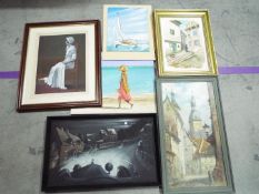 A collection of paintings including street scenes, coastal scenes and other, various image sizes.
