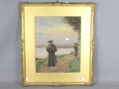 A framed watercolour depicting a pair of holy men walking a coastal path and reading,