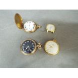 Two gold plated full hunter pocket watches (one lacking cover) and two Oris watches