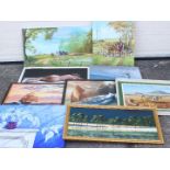 A collection of paintings and pictures, varying subjects, nautical, hunting scene,