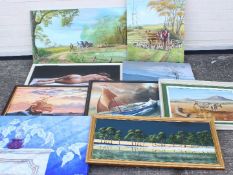 A collection of paintings and pictures, varying subjects, nautical, hunting scene,