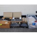 A quantity of Mercedes Benz automotive parts, dashboard binnacles, lights, two boxes.