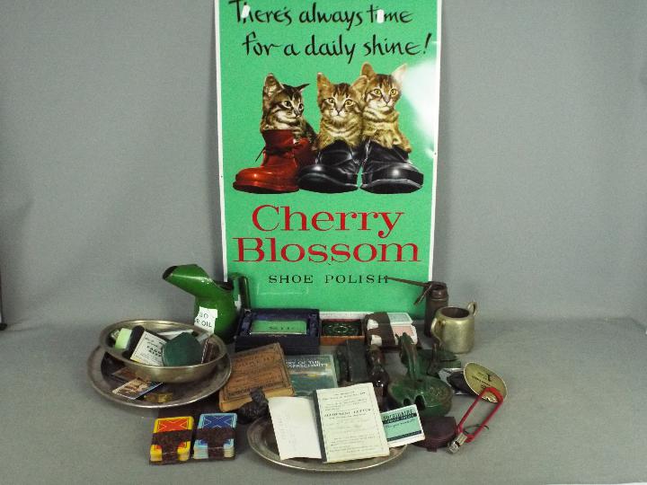 A mixed lot to include a Chiswick Products Ltd metal advertising sign for Cherry Blossom Shoe