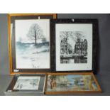 A collection of framed prints to include Amsterdam canal side scene,