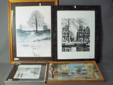 A collection of framed prints to include Amsterdam canal side scene,