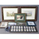 A collection of framed prints and a cigarette card album containing Players Derby Winners cards and